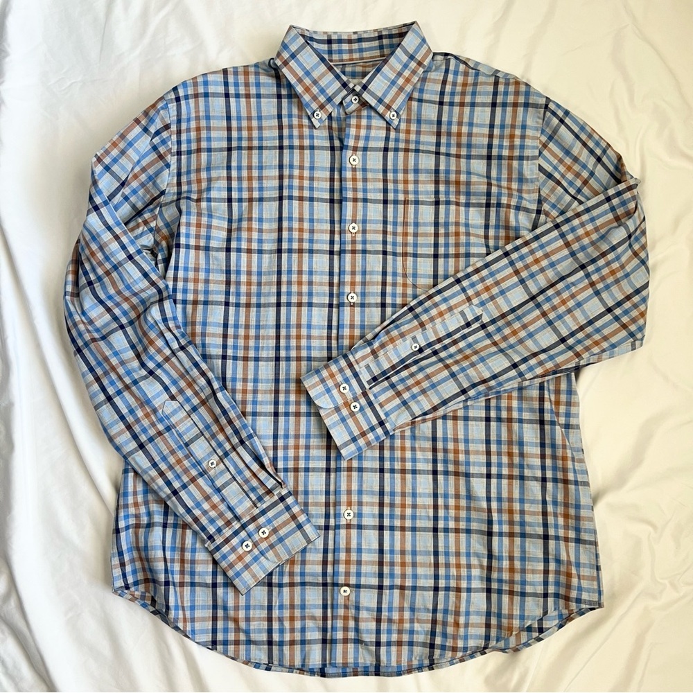 Peter Millar Men’s Plaid Button Down Shirt Blue Brown Long Sleeve Cotton Size L